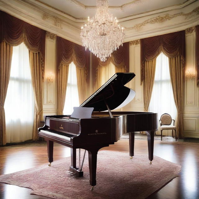 A grand piano beautifully crafted with polished mahogany wood