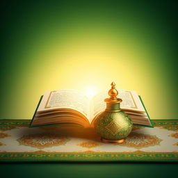 A calamus and inkpot featuring intricate gold Islamic geometric patterns on a gradient green and white background, with an open book emanating a warm light