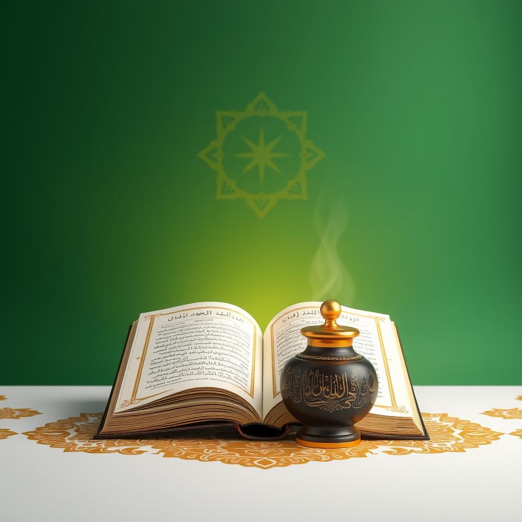 A calamus and inkpot featuring intricate gold Islamic geometric patterns on a gradient green and white background, with an open book emanating a warm light