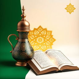 A calamus and inkpot featuring intricate gold Islamic geometric patterns on a gradient green and white background, with an open book emanating a warm light