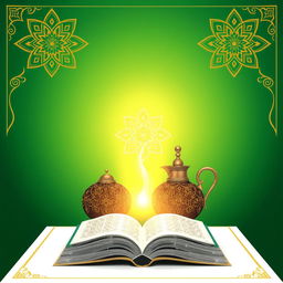 A calamus and inkpot featuring intricate gold Islamic geometric patterns on a gradient green and white background, with an open book emanating a warm light