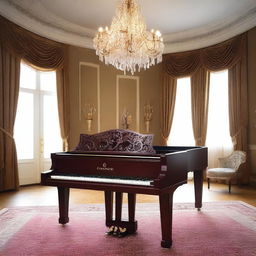 A grand piano beautifully crafted with polished mahogany wood