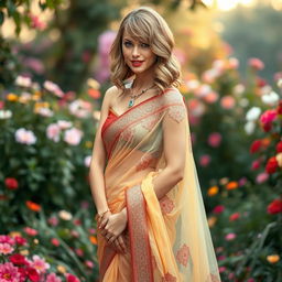 A glamorous depiction of Taylor Swift dressed in a beautiful saree, elegantly draped and adorned with intricate patterns and embroidery