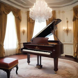 A grand piano beautifully crafted with polished mahogany wood