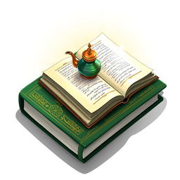 A book cover illustration featuring a calamus and inkpot, adorned with intricate gold Islamic geometric patterns on a gradient green and white background