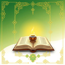 A book cover illustration featuring a calamus and inkpot, adorned with intricate gold Islamic geometric patterns on a gradient green and white background