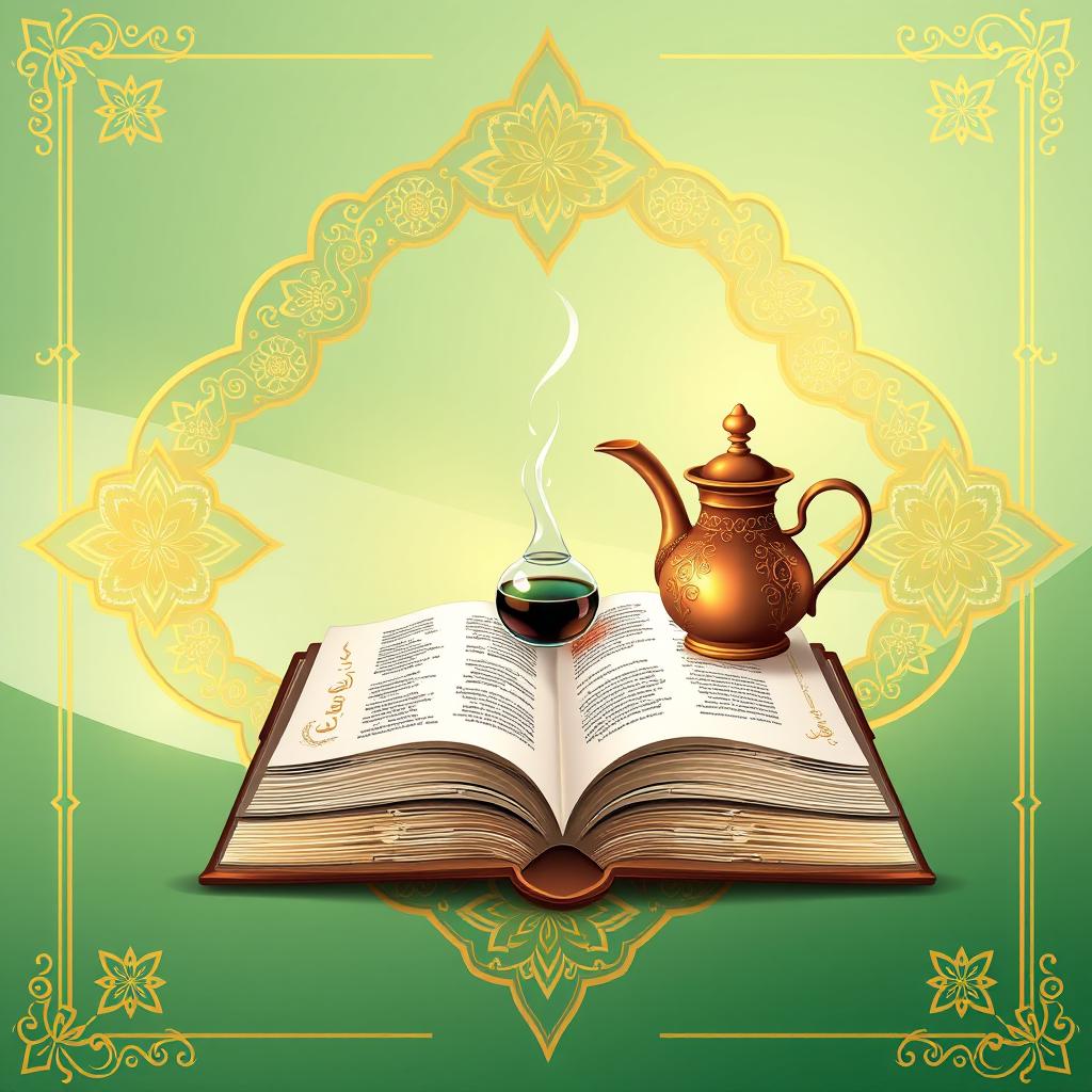 A book cover illustration featuring a calamus and inkpot, adorned with intricate gold Islamic geometric patterns on a gradient green and white background