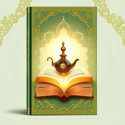 A book cover illustration featuring a calamus and inkpot, adorned with intricate gold Islamic geometric patterns on a gradient green and white background