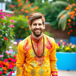 A dynamic portrait of Lionel Messi dressed in a traditional Punjabi outfit, featuring a bright and colorful kurta adorned with intricate patterns and a matching pajama