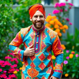 A dynamic portrait of Lionel Messi dressed in a traditional Punjabi outfit, featuring a bright and colorful kurta adorned with intricate patterns and a matching pajama