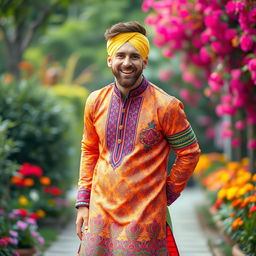 A dynamic portrait of Lionel Messi dressed in a traditional Punjabi outfit, featuring a bright and colorful kurta adorned with intricate patterns and a matching pajama