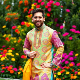 A dynamic portrait of Lionel Messi dressed in a traditional Punjabi outfit, featuring a bright and colorful kurta adorned with intricate patterns and a matching pajama