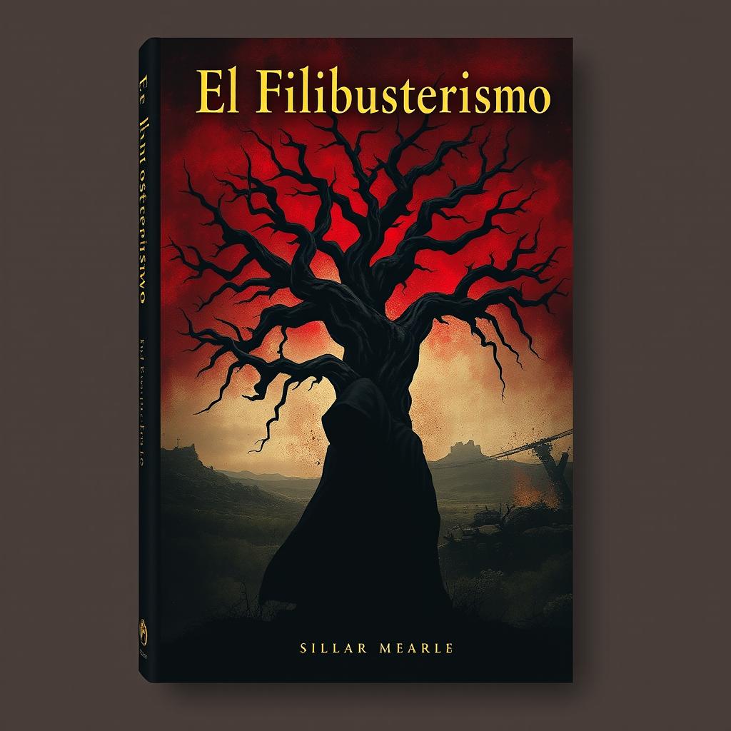 A captivating book cover design for 'El Filibusterismo' featuring a somber and mysterious atmosphere