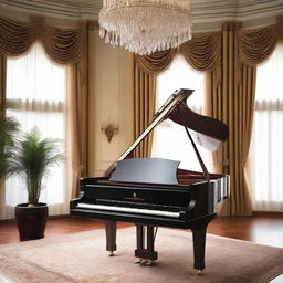 A grand piano beautifully crafted with polished mahogany wood