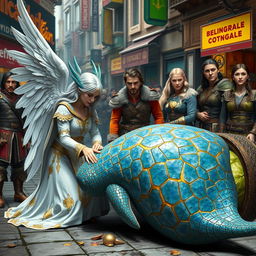 In a bustling city street, a vibrant scene unfolds near an overturned cabbage cart