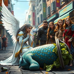 In a bustling city street, a vibrant scene unfolds near an overturned cabbage cart