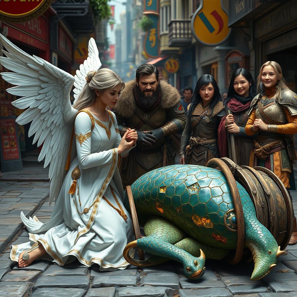 In a bustling city street, a vibrant scene unfolds near an overturned cabbage cart