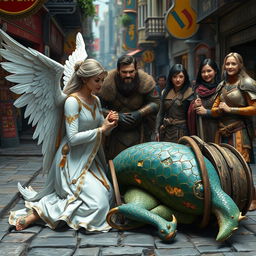 In a bustling city street, a vibrant scene unfolds near an overturned cabbage cart