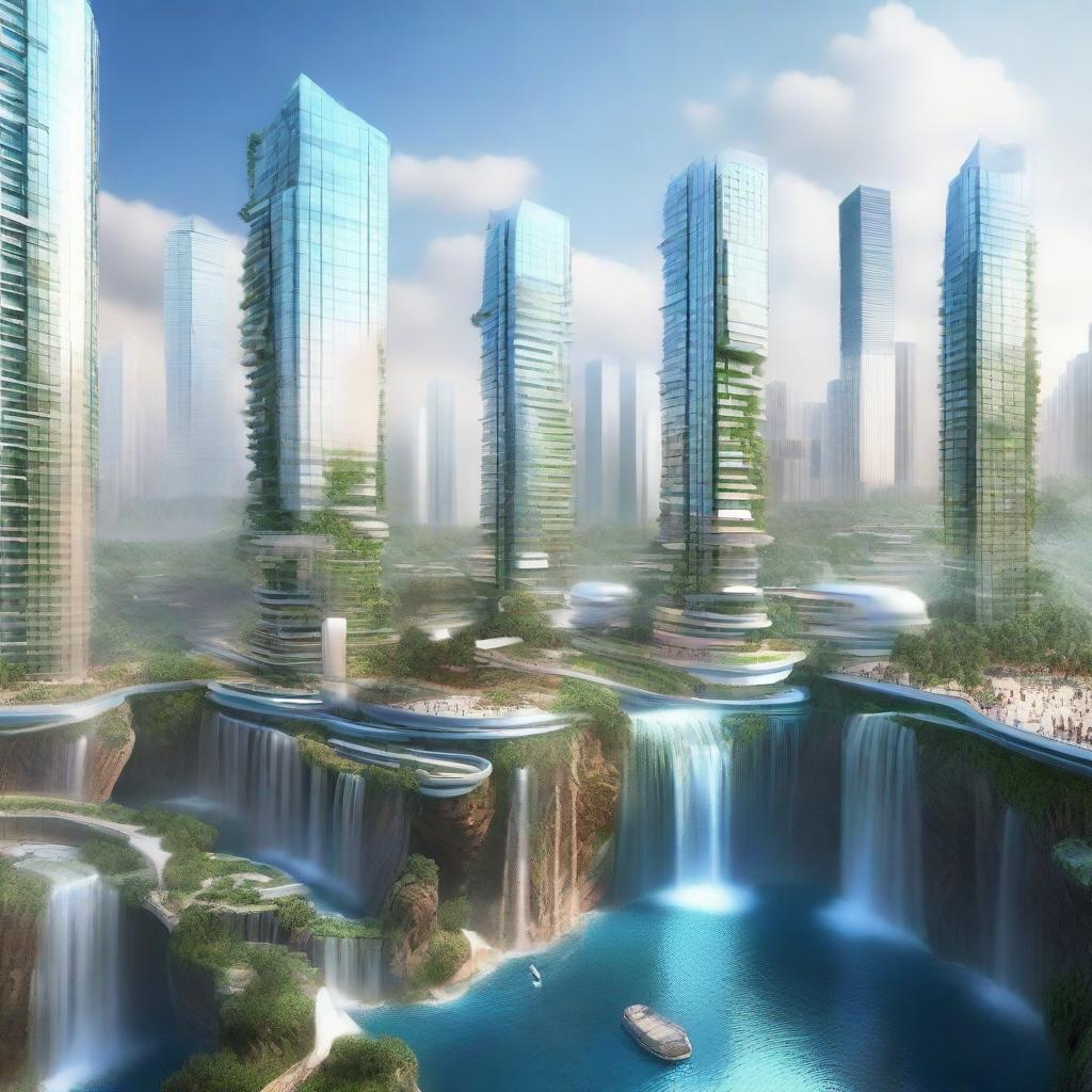 Cityscape of the future, characterized by advanced technology and high-rise buildings, mingling with magnificent, cascading waterfalls