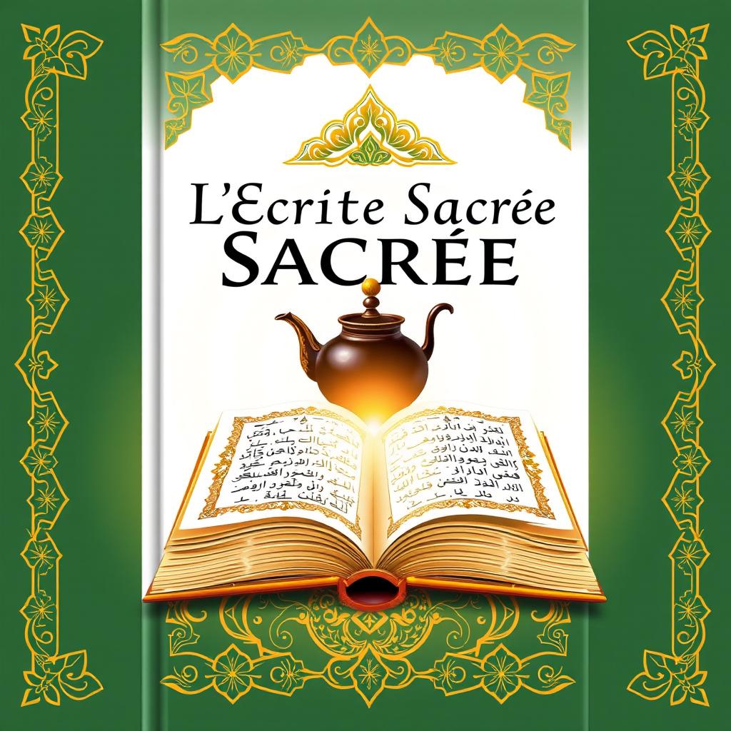 A book cover illustration featuring a calamus and inkpot, adorned with intricate gold Islamic geometric patterns on a gradient green and white background