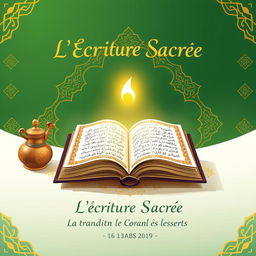 A book cover illustration featuring a calamus and inkpot, adorned with intricate gold Islamic geometric patterns on a gradient green and white background