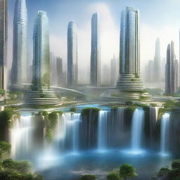 Cityscape of the future, characterized by advanced technology and high-rise buildings, mingling with magnificent, cascading waterfalls