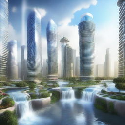 Cityscape of the future, characterized by advanced technology and high-rise buildings, mingling with magnificent, cascading waterfalls