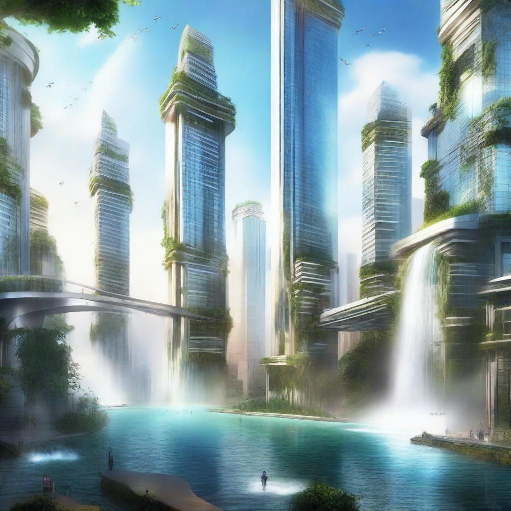 Cityscape of the future, characterized by advanced technology and high-rise buildings, mingling with magnificent, cascading waterfalls