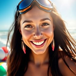 A stunning, happy woman with long flowing hair, wearing stylish goggles on her head