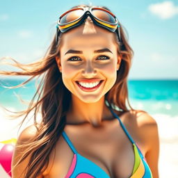 A stunning, happy woman with long flowing hair, wearing stylish goggles on her head