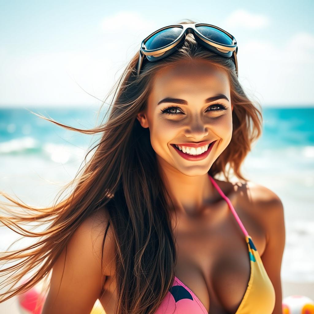 A stunning, happy woman with long flowing hair, wearing stylish goggles on her head