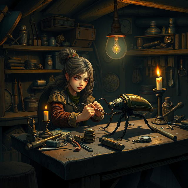 Inside a dimly lit workshop at night, a female dwarf artificer named Cogburn sits at a sturdy work table, filled with an atmosphere of wonder and excitement