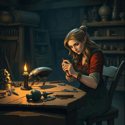 Inside a dimly lit workshop at night, a female dwarf artificer named Cogburn sits at a sturdy work table, filled with an atmosphere of wonder and excitement