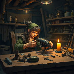 Inside a dimly lit workshop at night, a female dwarf artificer named Cogburn sits at a sturdy work table, filled with an atmosphere of wonder and excitement