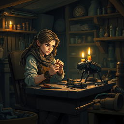 Inside a dimly lit workshop at night, a female dwarf artificer named Cogburn sits at a sturdy work table, filled with an atmosphere of wonder and excitement