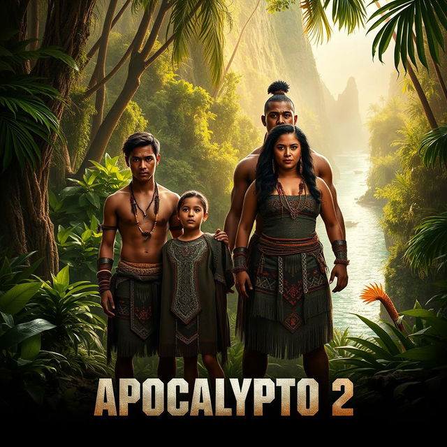 A cinematic poster for an imagined movie titled "Apocalypto 2" set in a lush, vibrant jungle environment