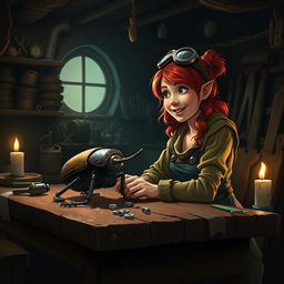 Inside a dimly lit workshop at night, with a mood of wonder and excitement, a female dwarf artificer named Cogburn, characterized by her vibrant red hair, sits at a sturdy work table