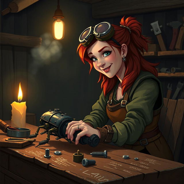 Inside a dimly lit workshop at night, with a mood of wonder and excitement, a female dwarf artificer named Cogburn, characterized by her vibrant red hair, sits at a sturdy work table