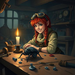 Inside a dimly lit workshop at night, with a mood of wonder and excitement, a female dwarf artificer named Cogburn, characterized by her vibrant red hair, sits at a sturdy work table