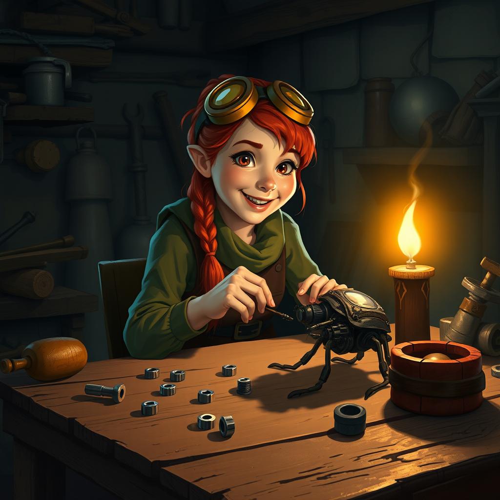 Inside a dimly lit workshop at night, with a mood of wonder and excitement, a female dwarf artificer named Cogburn, characterized by her vibrant red hair, sits at a sturdy work table