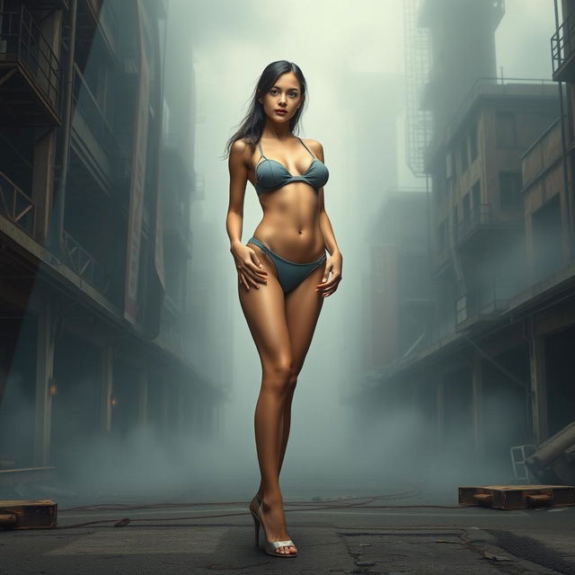 A thin girl with round, enhanced breasts, positioned at the center of the image, wearing a tight thin grey latex thong bikini paired with high heel shoes