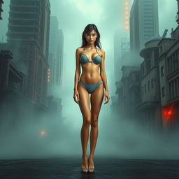 A thin girl with round, enhanced breasts, positioned at the center of the image, wearing a tight thin grey latex thong bikini paired with high heel shoes