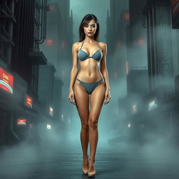 A thin girl with round, enhanced breasts, positioned at the center of the image, wearing a tight thin grey latex thong bikini paired with high heel shoes