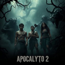 A chilling movie poster for "Apocalypto 2" set in a hauntingly beautiful jungle landscape, showcasing Rudy Youngblood and Dalia Hernández in ancient Mesoamerican garb, looking tense and alert