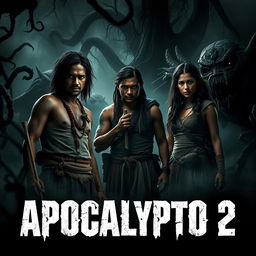 A chilling movie poster for "Apocalypto 2" set in a hauntingly beautiful jungle landscape, showcasing Rudy Youngblood and Dalia Hernández in ancient Mesoamerican garb, looking tense and alert