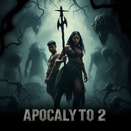 A chilling movie poster for "Apocalypto 2" set in a hauntingly beautiful jungle landscape, showcasing Rudy Youngblood and Dalia Hernández in ancient Mesoamerican garb, looking tense and alert