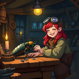 Inside a cozy workshop at night, filled with an atmosphere of wonder and excitement, a cheerful female dwarf artificer named Cogburn, with vibrant red hair, sits at her wooden work table