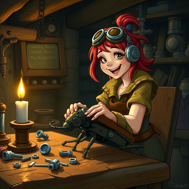 Inside a cozy workshop at night, filled with an atmosphere of wonder and excitement, a cheerful female dwarf artificer named Cogburn, with vibrant red hair, sits at her wooden work table