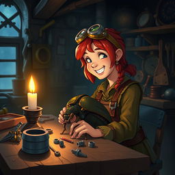 Inside a cozy workshop at night, filled with an atmosphere of wonder and excitement, a cheerful female dwarf artificer named Cogburn, with vibrant red hair, sits at her wooden work table