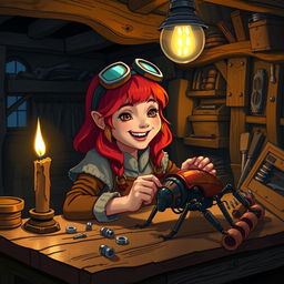 Inside a cozy workshop at night, filled with an atmosphere of wonder and excitement, a cheerful female dwarf artificer named Cogburn, with vibrant red hair, sits at her wooden work table